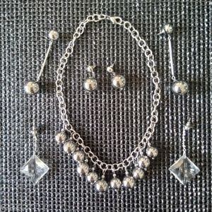 Silver-tone Bead Ball Necklace Earrings Bundle